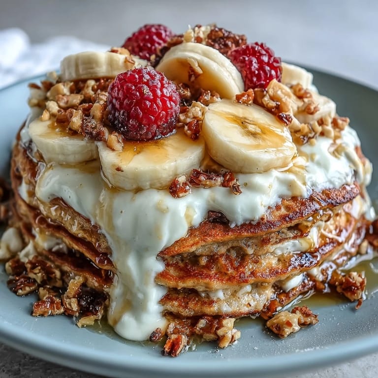 A golden Protein Pancake Bowl stacked high with bananas, berries, nuts, and a drizzle of honey