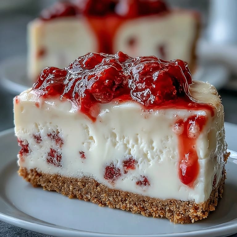 Indulgent white chocolate raspberry cheesecake with a smooth swirl of red berry sauce on top.