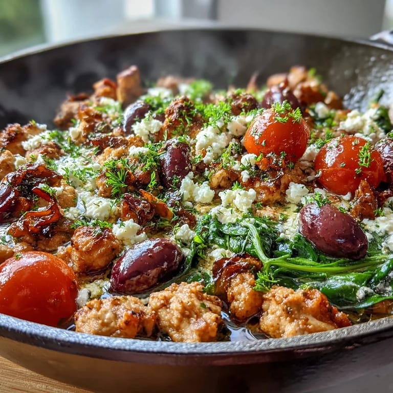 A bubbling skillet of Mediterranean Keto Ground Chicken with juicy cherry tomatoes, olives, and creamy feta.