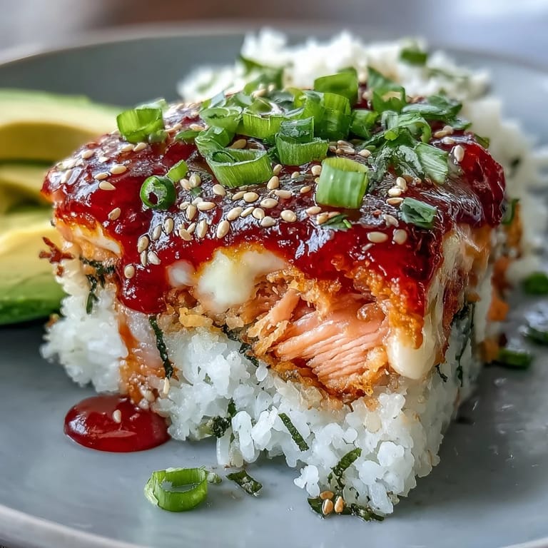Layered Spicy Salmon Sushi Bake topped with fresh avocado and sesame seeds.