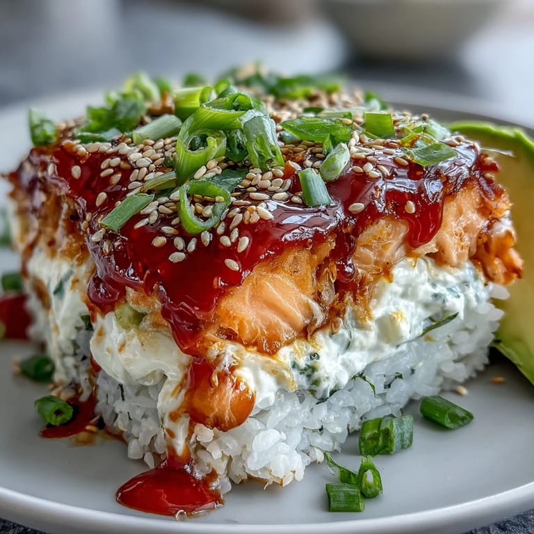 Golden, bubbly Spicy Salmon Sushi Bake served warm in a casserole dish.