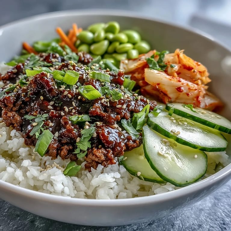 An assembled Korean Ground Beef Bowl with edamame, carrots, and kimchi, ready to serve for a quick dinner.