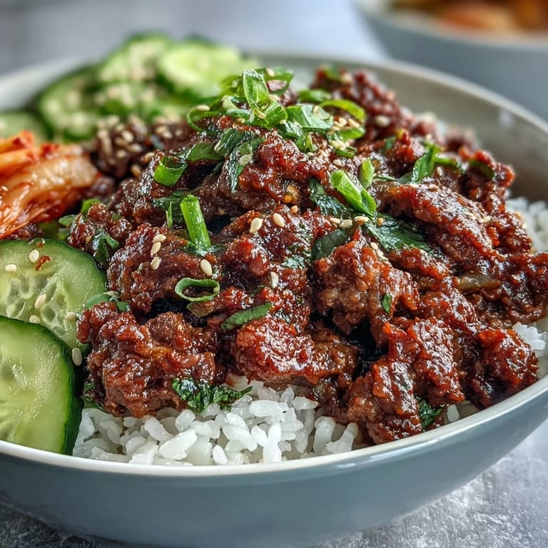 Sizzling Korean Beef Bowl with tender beef and tangy pickled carrots and daikon, garnished with green onions and sesame seeds for a spicy finish.