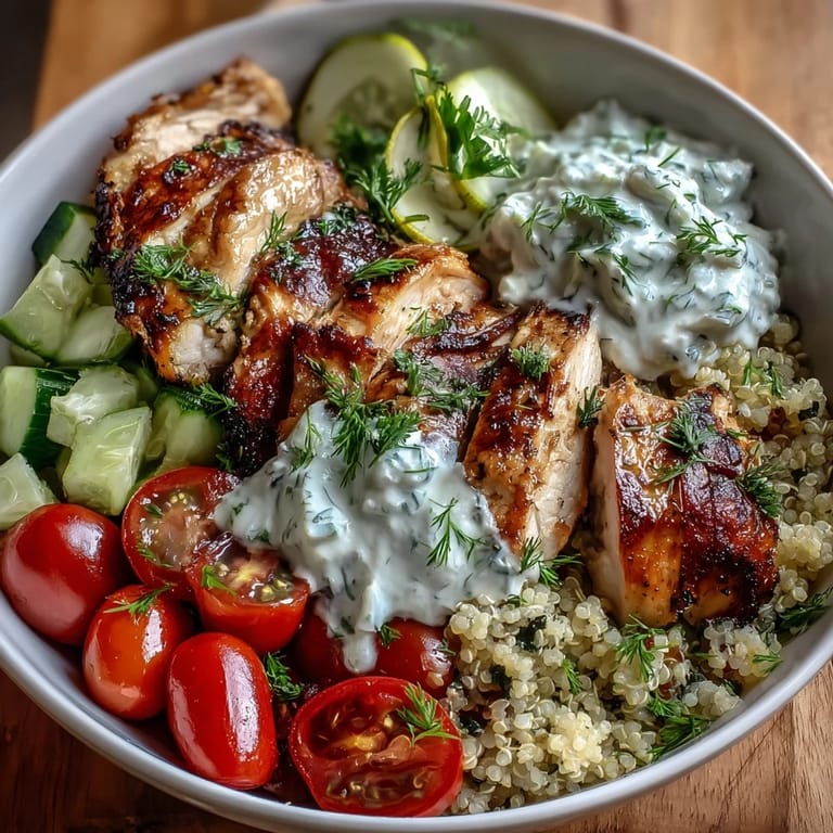Juicy grilled Greek Chicken Power Bowl topped with crisp cucumbers, cherry tomatoes, and Kalamata olives, ready for dinner.