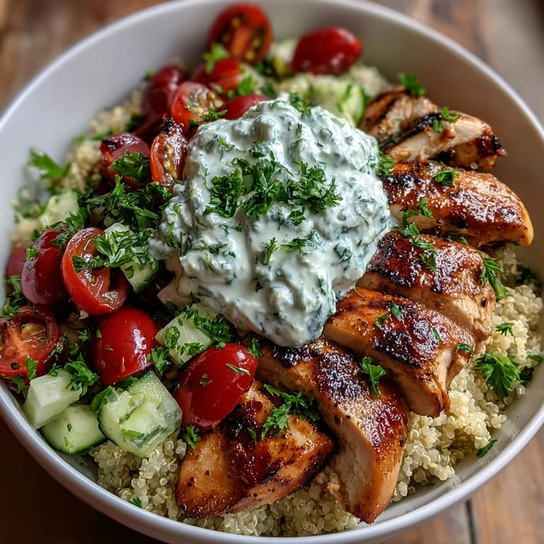 Healthy Greek Chicken Power Bowl featuring tender chicken, quinoa, fresh herbs, and tangy tzatziki, served with lemon wedges.