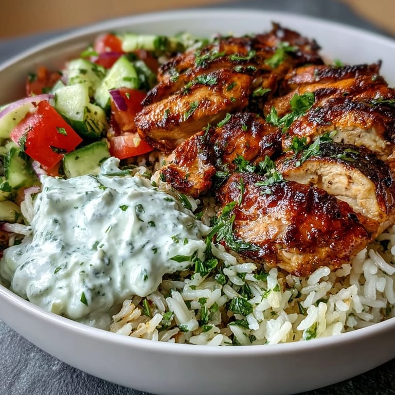 Bright Greek Chicken Bowl topped with briny Kalamata olives, crisp tomato-cucumber salad, and a dollop of cool tzatziki sauce.