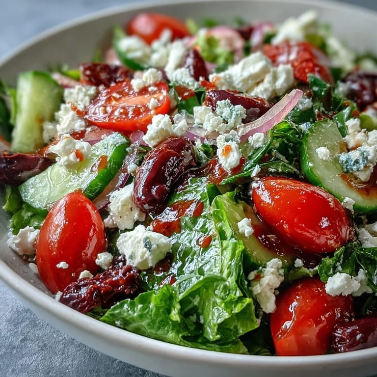 Colorful Greek Salad Bowl topped with creamy feta and briny olives on crunchy romaine.