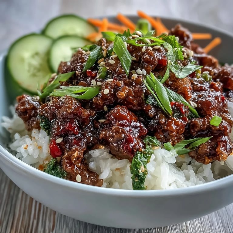 Ground beef simmered in spicy gochujang sauce for an Easy Korean Beef Bowl. 