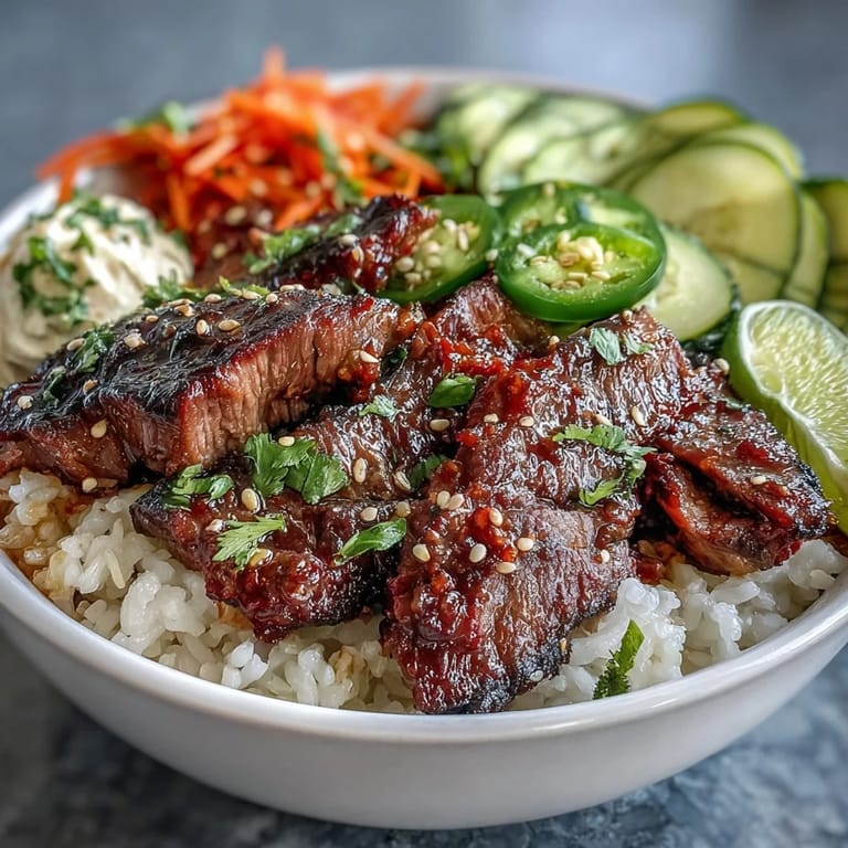 Freshly seared Korean Beef Power Bowl garnished with crisp cucumber, spicy jalapeños, and green onions for a flavorful meal.