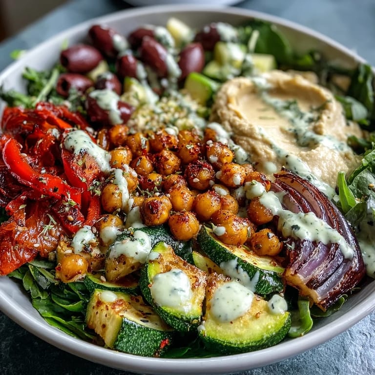 Sliced olives and hummus top a bed of mixed greens in this nourishing Vegan Mediterranean Buddha Bowl ready to be drizzled.