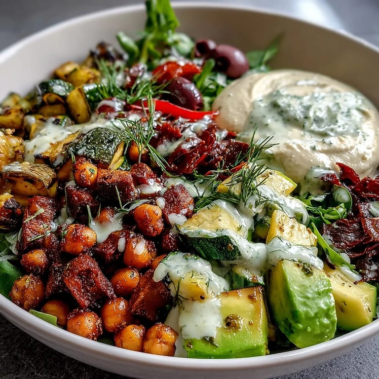 A hearty Vegan Mediterranean Buddha Bowl featuring roasted eggplant, red bell pepper, and a zesty tahini dressing for a fresh meal.