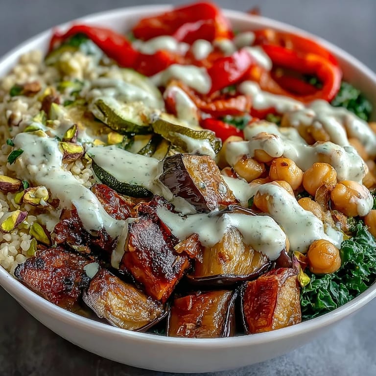 Close-up Mediterranean Buddha Bowl Meal Prep showing pistachios, zucchini, and golden roasted vegetables.