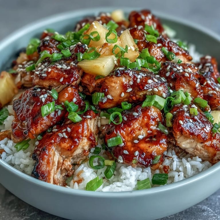 Dinner bowls featuring juicy Teriyaki Chicken and Rice Bowl garnished with fresh pineapple chunks.