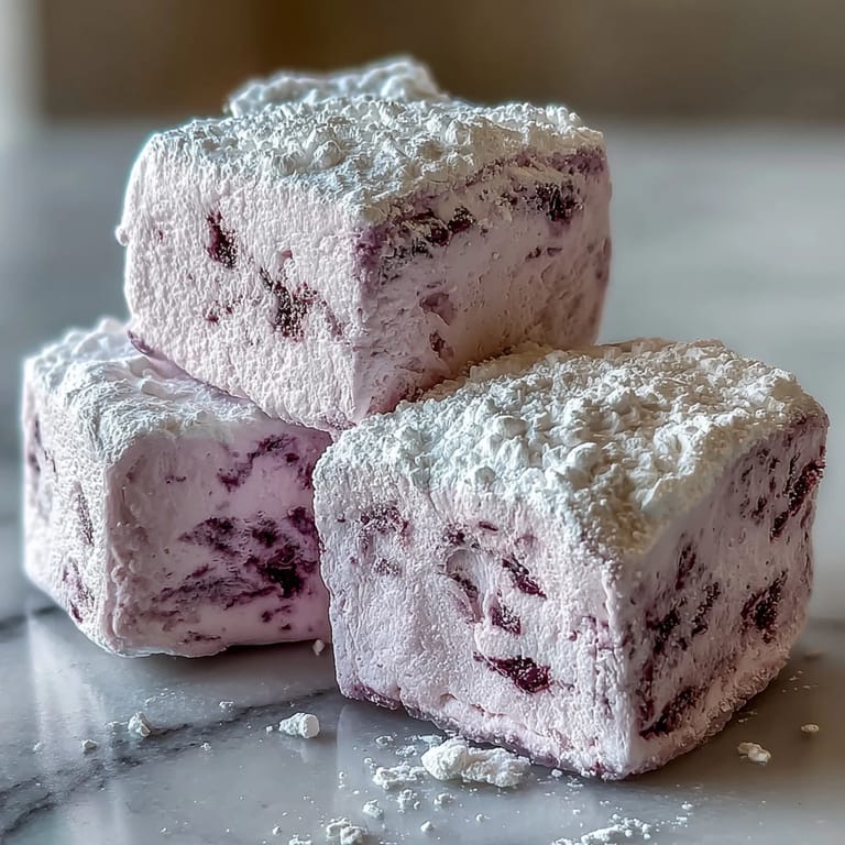 Bright purple Black Currant Marshmallows rest on a parchment-lined tray, ready to be cut into neat squares with a dusted knife.