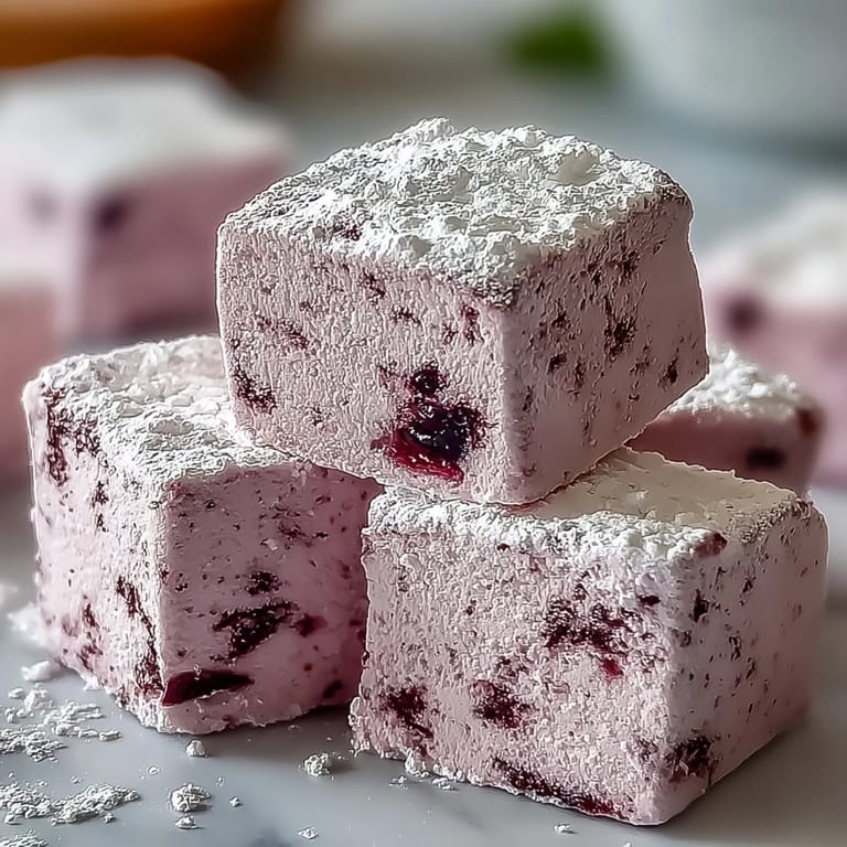 Homemade Black Currant Marshmallows with a soft, pillowy texture, served on a small white plate beside fresh blackcurrants.