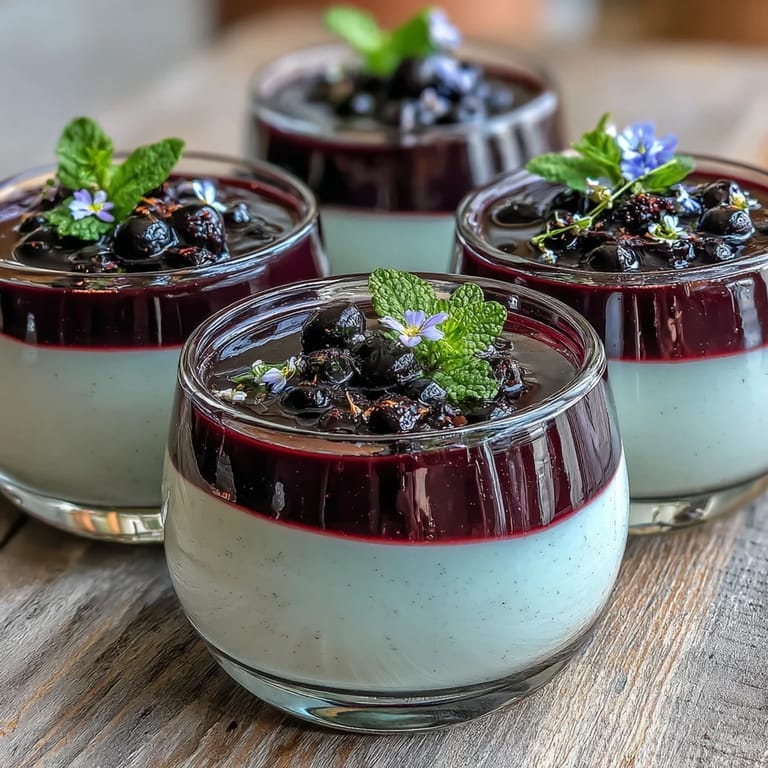 Close-up of Black Currant Panna Cotta, highlighting the silky smooth texture of the custard and the vibrant berry sauce.