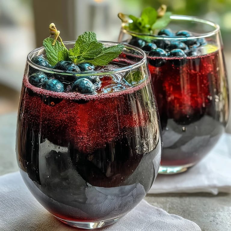 Two servings of the Black Currant and Cassis Cocktail, a vibrant aperitif perfect for starting a dinner party.