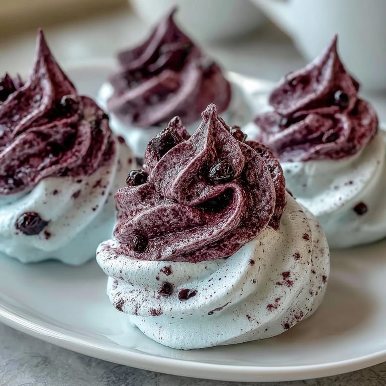 Delicate Black Currant Meringues with cracked tops are arranged on parchment paper, ready to be enjoyed.
