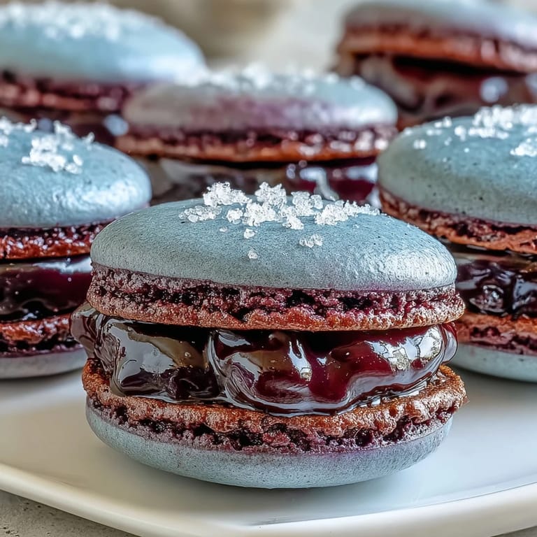 Fragrant French Black Currant Macarons with textured shells, ready to serve on a ceramic platter for afternoon tea.