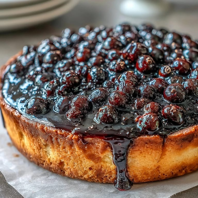 A freshly baked Black Currant Fruit Tart with a golden crust, vibrant purple filling, and a dusting of powdered sugar.