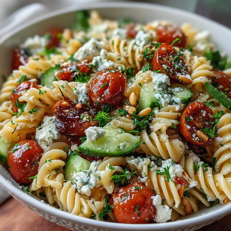 Refreshing Lemon Vinaigrette Pasta Salad with Cucumbers and Cherry Tomatoes, tossed in a tangy lemon dressing for bright, crisp taste.