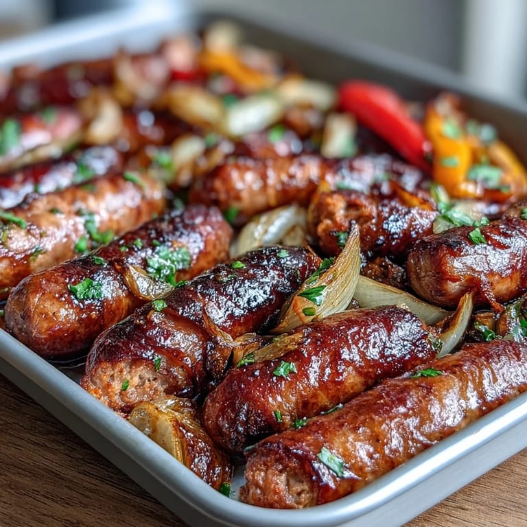 Easy Sheet Pan Sausage and Peppers, featuring tender sausages and sweet roasted vegetables, garnished with fresh parsley.