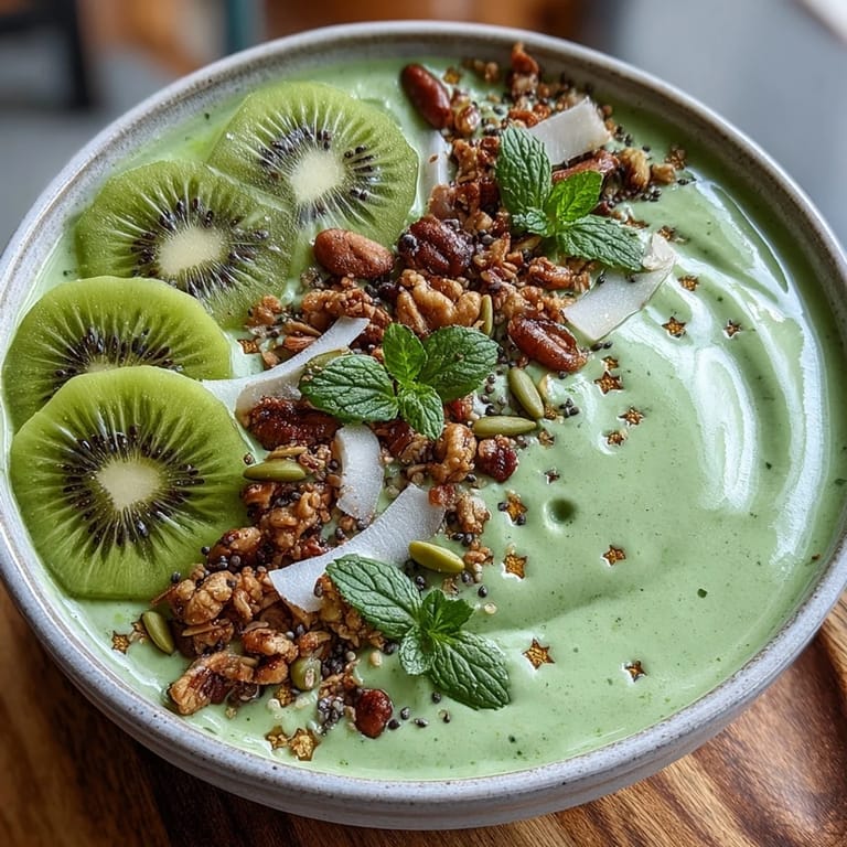 Creamy protein-packed green smoothie bowl featuring spinach, banana, and avocado, decorated with kiwi shamrock and crunchy granola for a healthy St. Patrick's Day treat.