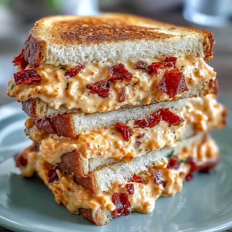 Classic Southern pimento cheese spread between soft white bread slices, cut into elegant finger sandwiches.