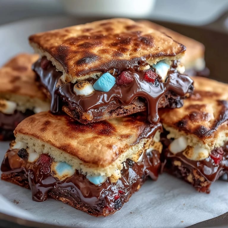 Festive smores dip bubbling with chocolate and toasted marshmallows, served in cast iron skillet with red, white, and blue candies for Independence Day.
