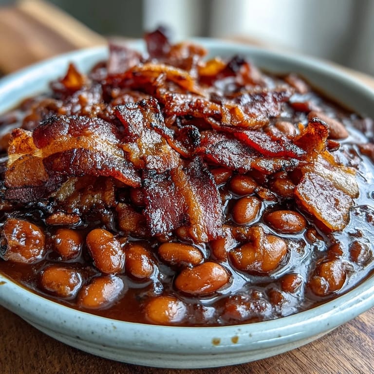 2. Close-up of homemade summer BBQ baked beans topped with crispy bacon, served in a rustic white bowl.