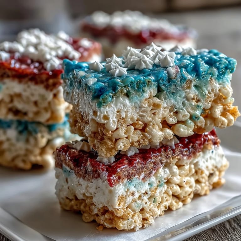 Festive Rice Krispies Treats in patriotic colors, topped with red, white, and blue sprinkles for Independence Day.
