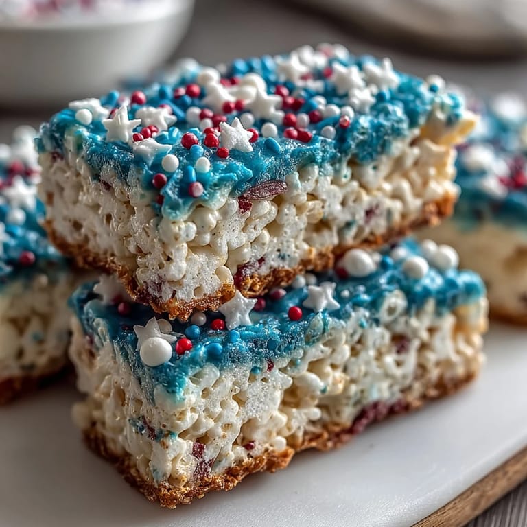 Chewy Rice Krispies Treats layered in red, white, and blue, a fun and easy 4th of July dessert.