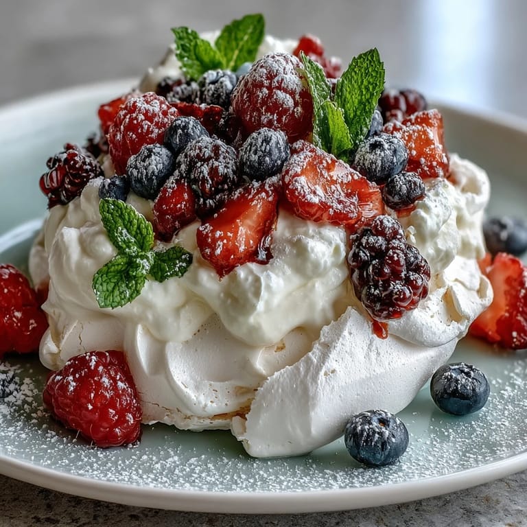 Elegant Pavlova with Fresh Berries and Cream, featuring a light, airy meringue base and a colorful medley of seasonal fruits.  