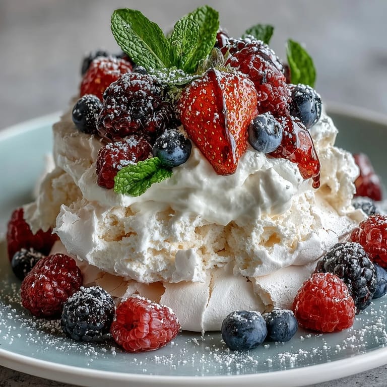 Golden Pavlova with Fresh Berries and Cream, showcasing a delicate, marshmallowy center crowned with whipped cream and juicy berries.