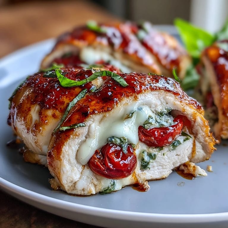 Oven-baked Caprese chicken breast oozing with melted cheese, fresh tomatoes, and fragrant basil, perfect for a healthy summer dinner.