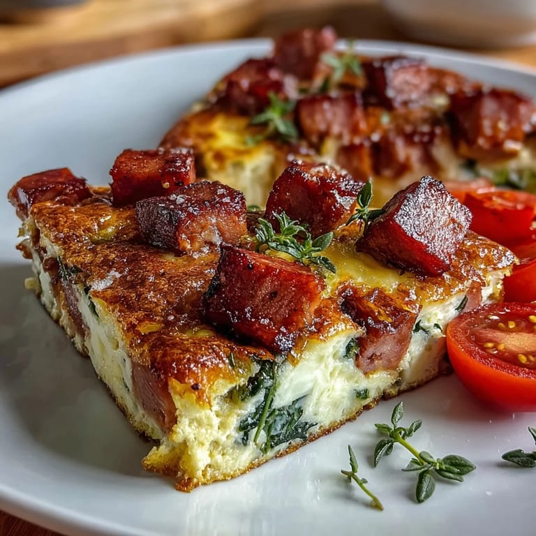 Golden One-Pan Ham and Swiss Frittata loaded with tender vegetables, savory ham, and bubbly Swiss cheese, baked to perfection.