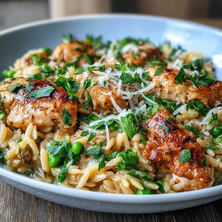 Easy One-Pot Lemon Orzo with Chicken and Peas, a hearty Mediterranean-inspired dinner with golden chicken, orzo, and vibrant green peas.