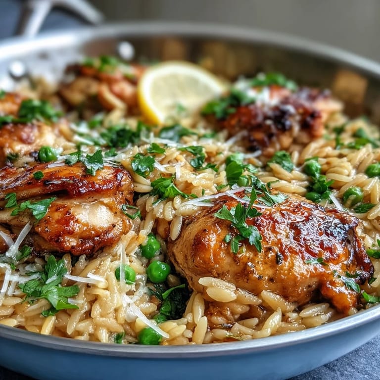 Creamy One-Pot Lemon Orzo with Chicken and Peas, a comforting spring meal with zesty citrus, Parmesan, and fresh herbs.
