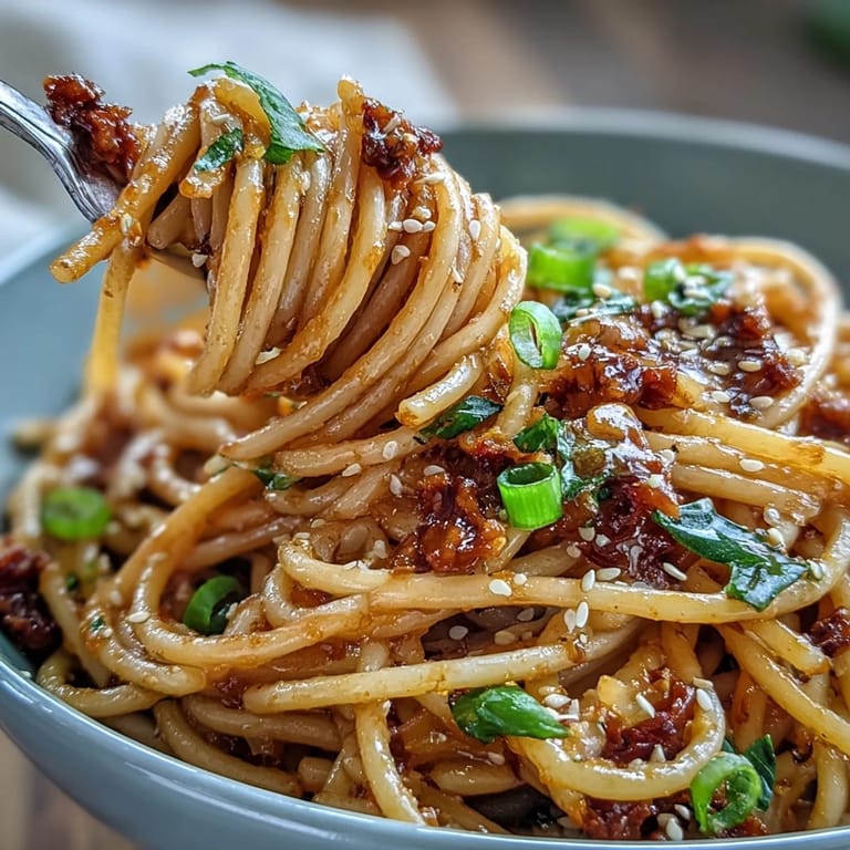 Creamy Korean-inspired pasta dish featuring spicy-sweet gochujang butter sauce clinging to linguine, finished with fresh spring onions.