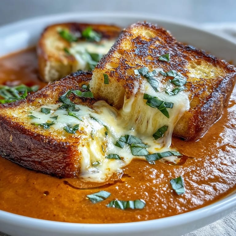 Rich, smooth tomato soup garnished with crispy sourdough grilled cheese croutons for the ultimate comfort dish.
