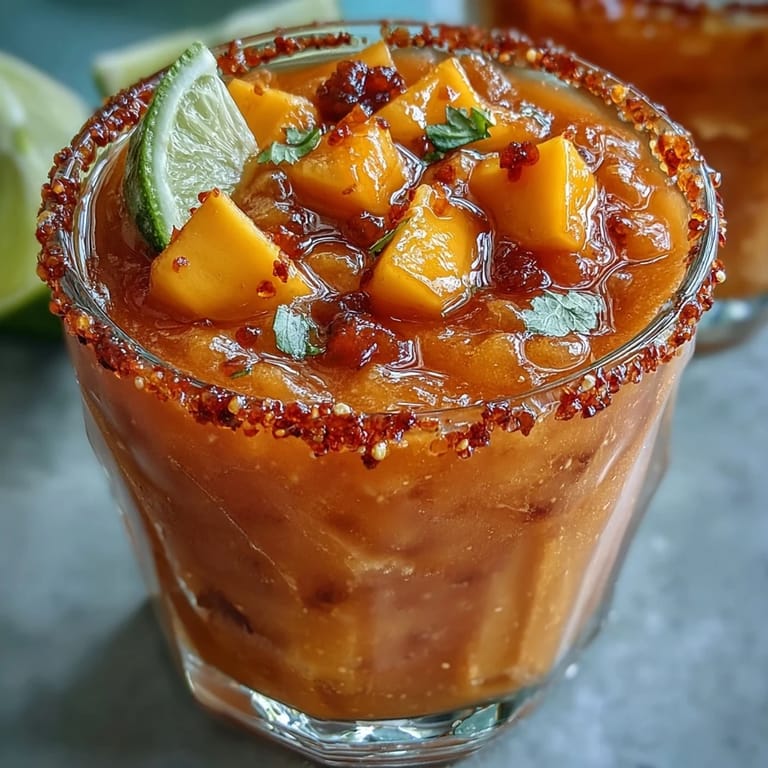 Spicy-sweet frozen Cinco de Mayo Mangonada showcasing fresh mango and chili rim.