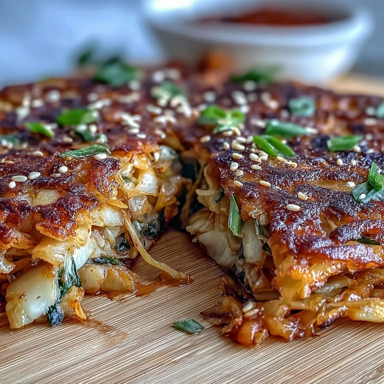 A stack of savory Korean-style kimchi pancakes, served with a side of sesame-soy dipping sauce for extra flavor.  