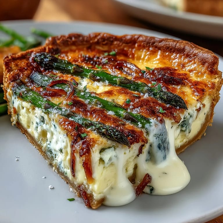 Creamy Spring Asparagus Quiche filled with fresh asparagus, melted Gruyère, and buttery crust, served warm from the oven.