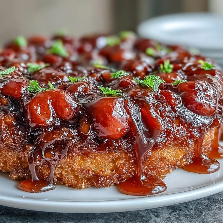 Deliciously inverted Cherry Almond Upside-Down Cake, ready to be served warm.