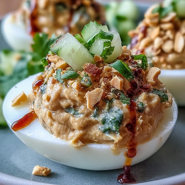 Creamy Thai peanut deviled eggs topped with a refreshing cucumber relish.