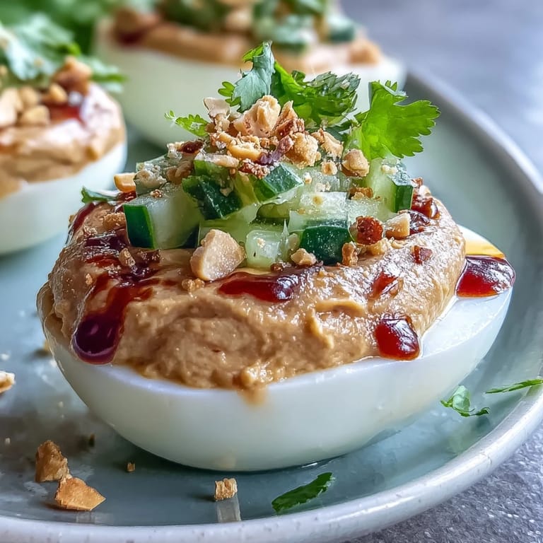Flavorful Thai peanut deviled eggs featuring a crunchy peanut topping.