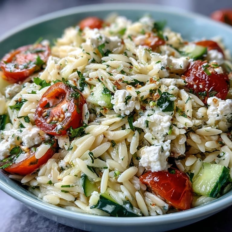 Mediterranean orzo salad loaded with crisp veggies and creamy feta cheese.