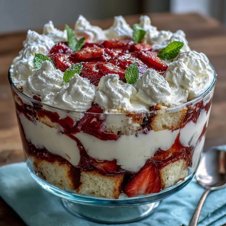 Luscious strawberry shortcake trifle with juicy berries, fluffy whipped cream, and tender cake cubes.