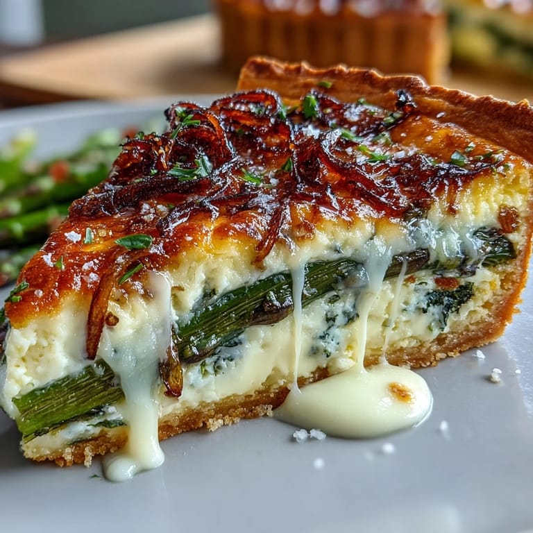 Elegant Spring Asparagus Quiche featuring crisp asparagus, sweet shallots, and rich custard in a golden, flaky pastry shell.