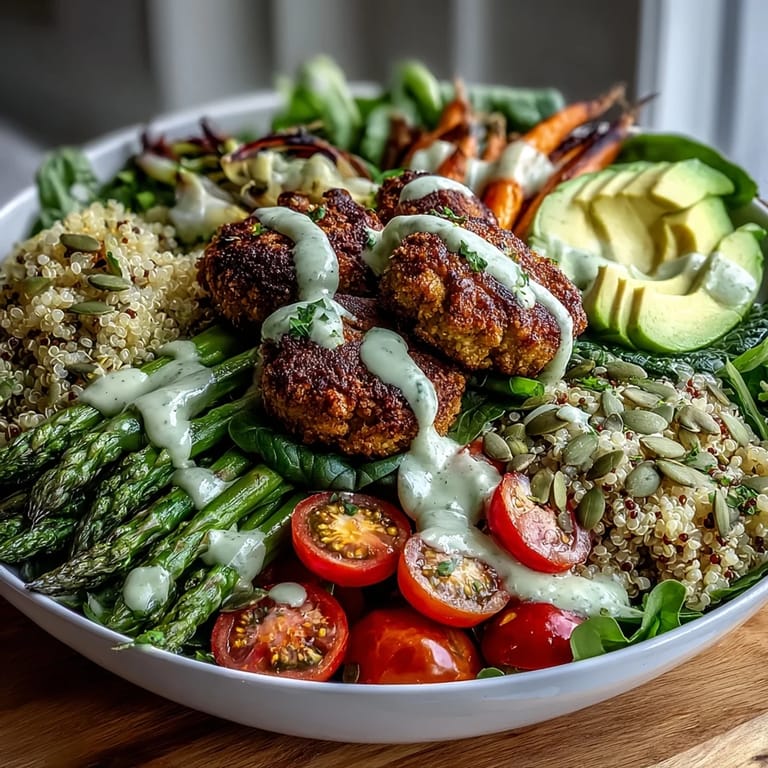Colorful Spring Buddha Bowl featuring roasted asparagus, radishes, and falafel, topped with avocado and zesty lemon dressing.